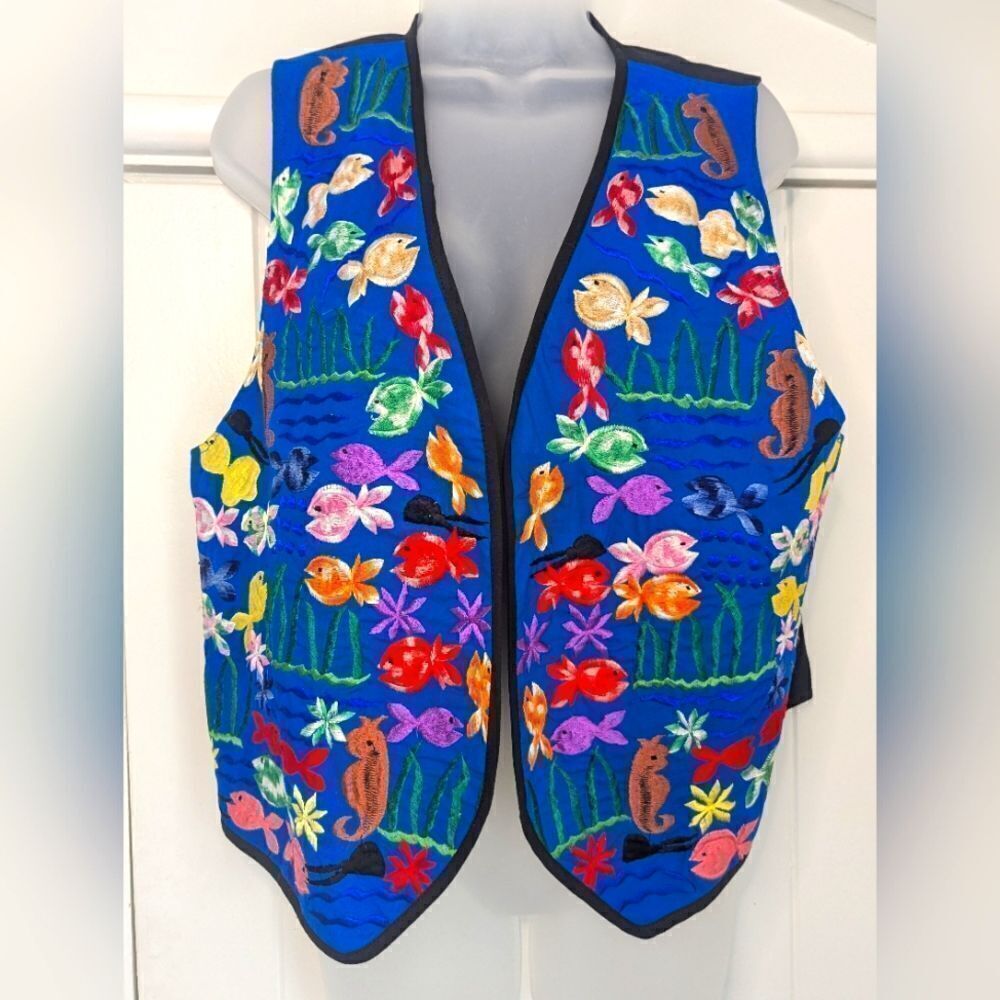 VTG Embroidered Fish Vest Maximalist Whimsical Rainbowcore Animal Print Sea L